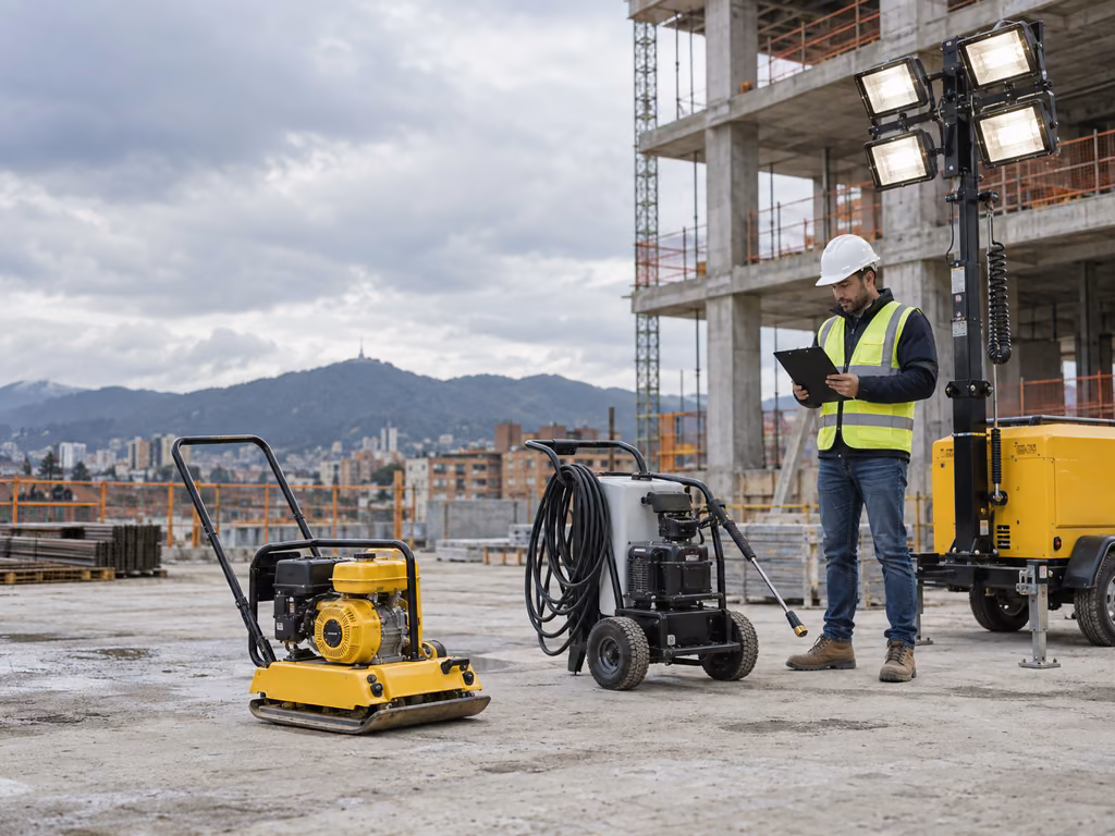 Supervisor revisando equipos de construcción en alquiler en una obra civil en Bogotá