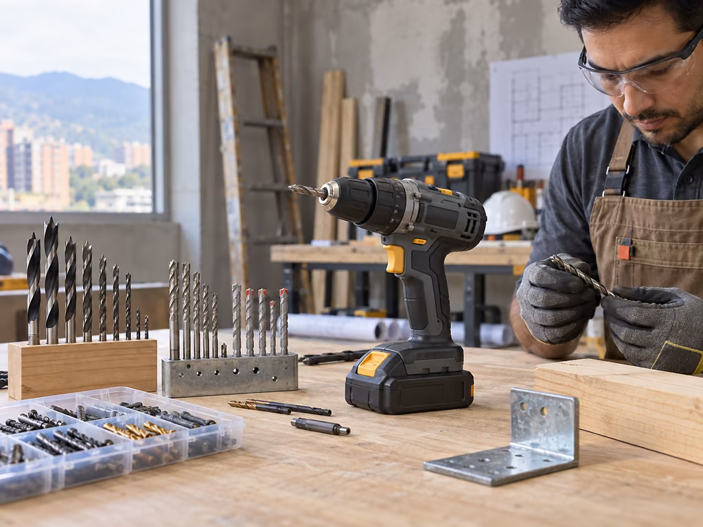 Taladro inalámbrico con batería y brocas para elegir según material de trabajo